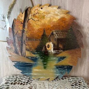 Rustic Wooden Saw Blade Look Wall Art with Rustic Autumn Scene